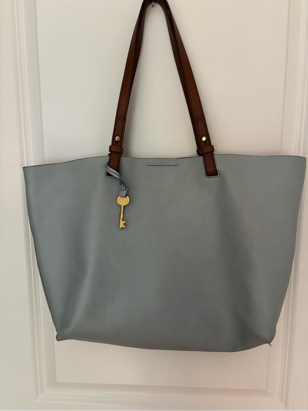 Fossil Grey Leather Tote with Brown Straps and Gold Key Charm
